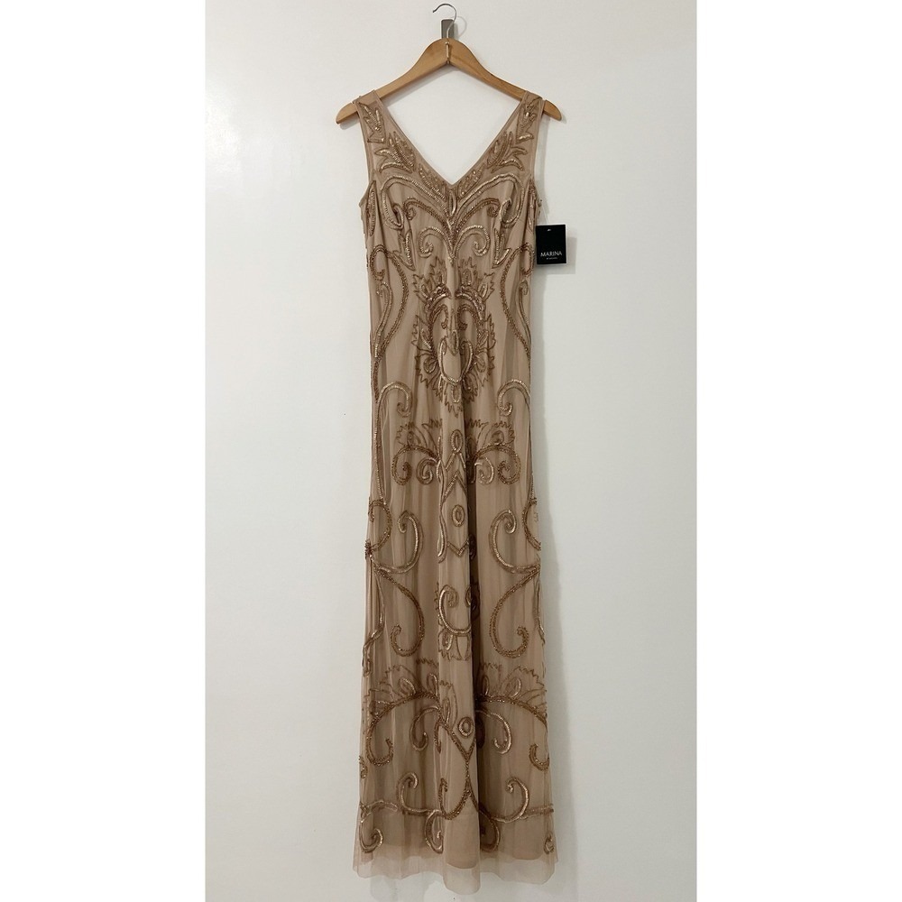 Marina Nude Gold Sequin Scroll V-Neck Sleeveless Formal Evening Gown Maxi Dress